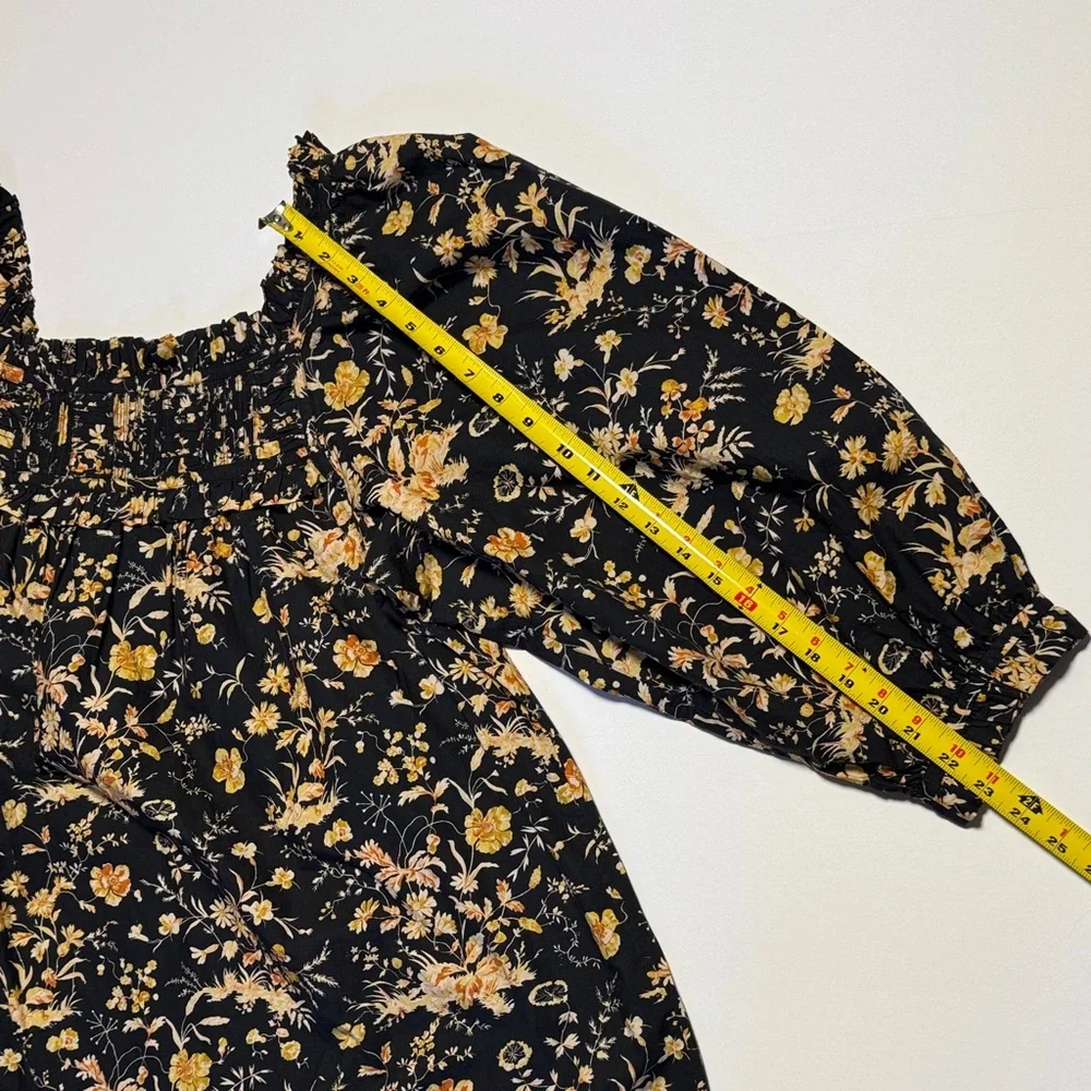 DÔEN Acton Baby Doll Mini Dress Navy Oaks Bluffs Floral Smocked Square Neck L - Picture 9 of 12